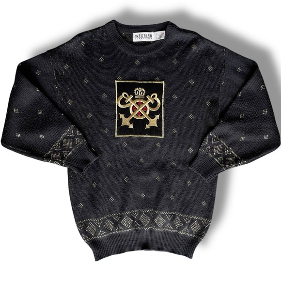 western connection Sweaters - Black Gold Embellished Sweater Women’s M Pullover Argyle Metallic Emblem Sequins